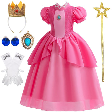 Bankids Princess Peach Costume For Girls Dress Up Outfit With Crown Gloves Earring Stars Wand 4-5 Years(P03,110Cm)