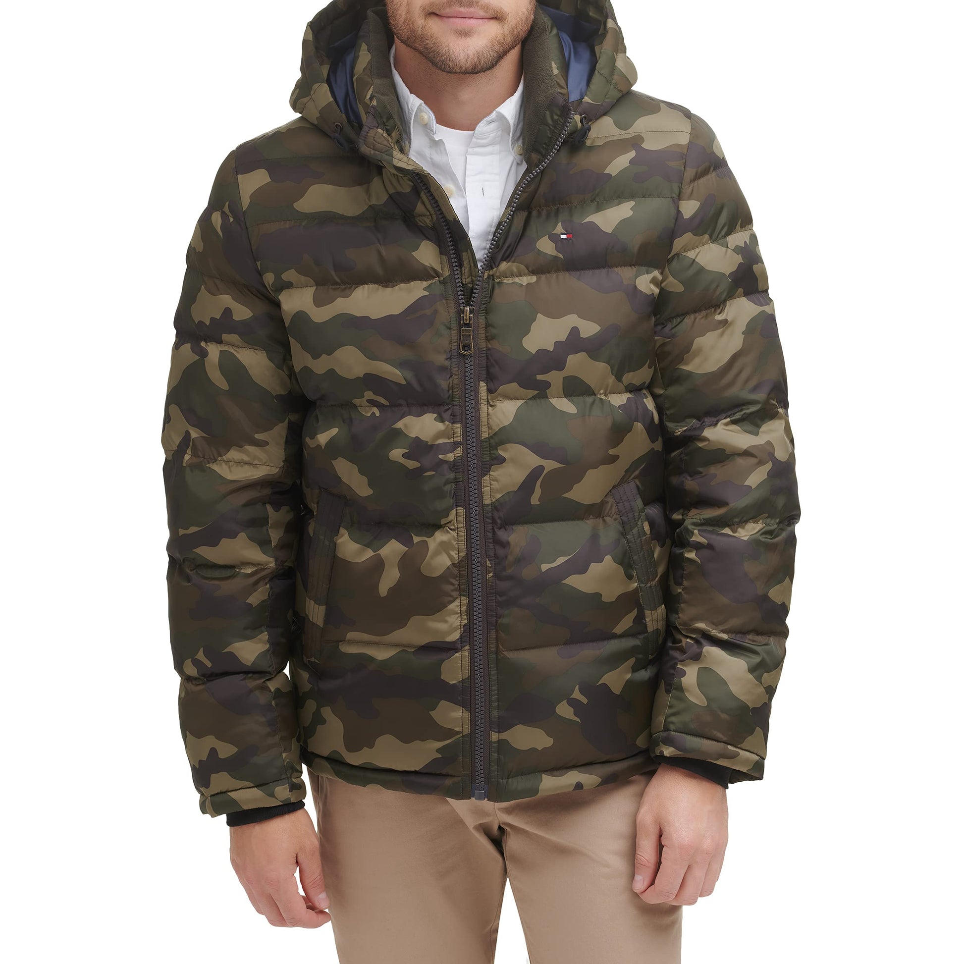 Tommy Hilfiger Mens Hooded Puffer Jacket, Olive Camouflage, X-Small