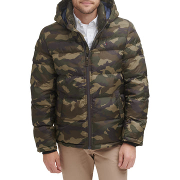 Tommy Hilfiger Mens Hooded Puffer Jacket, Olive Camouflage, X-Small
