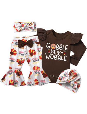 Adifun Thanksgiving Baby Girl Outfit 0-3 Months My First Thanksgiving Brown Long Sleeve Top Turkey Pattern Flared Pants Headband