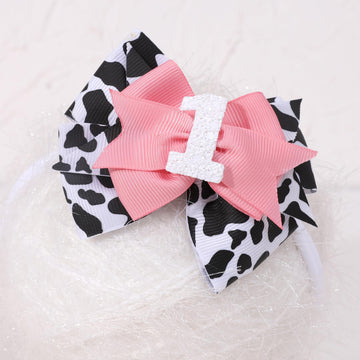 Jissoo Cow Print Bow Headband for Girls - Pink, 1st Birthday Party Decorations, Farm Animal Themed Party Decor, One Headband Pho