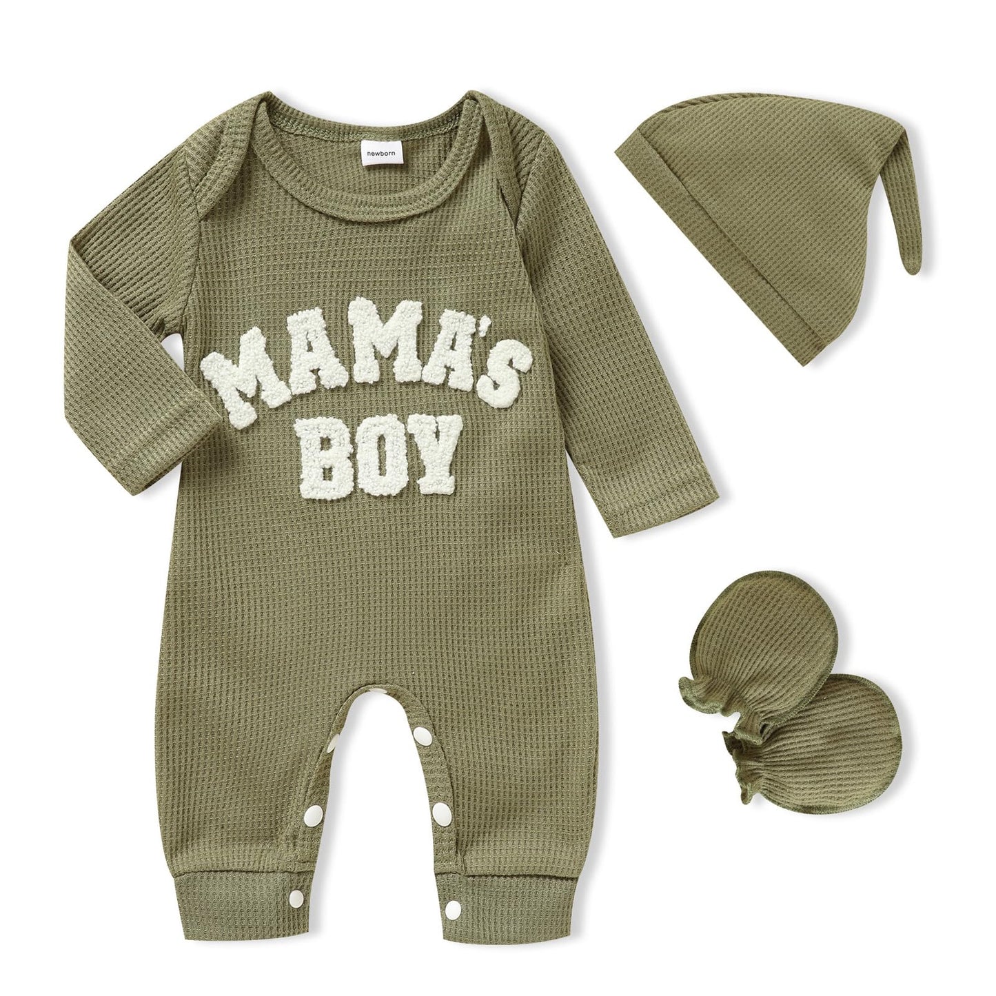 Grnshts Newborn Baby Boy Romper Waffle Coming Home Outfits Mama'S Boy Letter Jumpsuit+Hat+Gloves 3Pcs Clothes Set (Light Army Gr