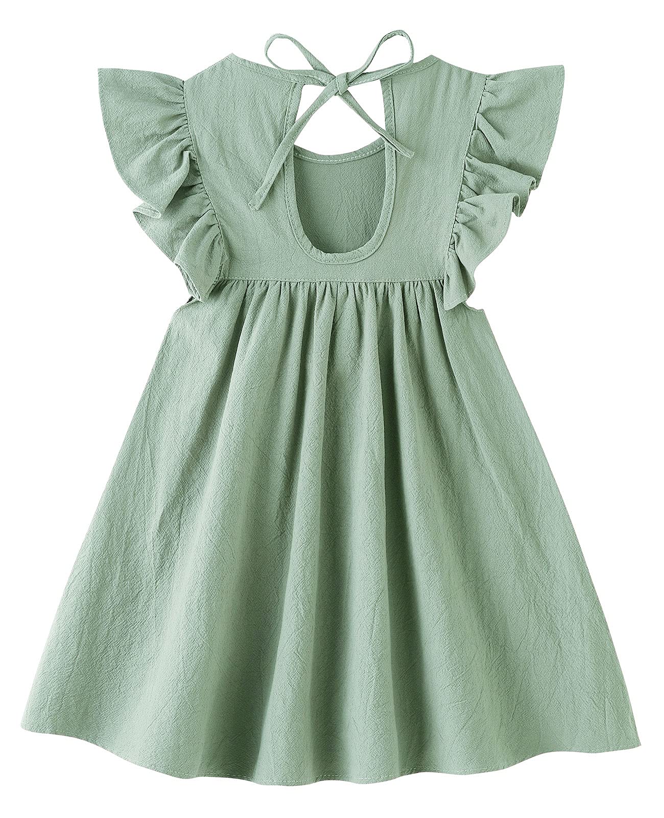 Lyxiof Toddler Baby Girl Cotton Linen Dress Ruffle Sleeve Halter Sleeveless Kids Casual Beach Dresses Green 100Cm