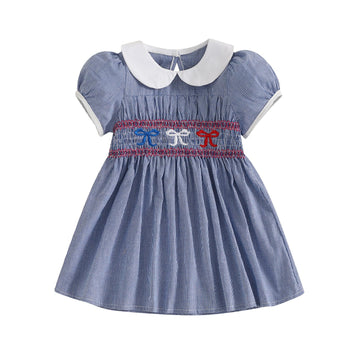 Girls 4th of July Outfit Toddler Girl Bow Doll Collar Princess Dress Kids Fourth of July Dresses Patriotic Clothes (J Bow Plaid 