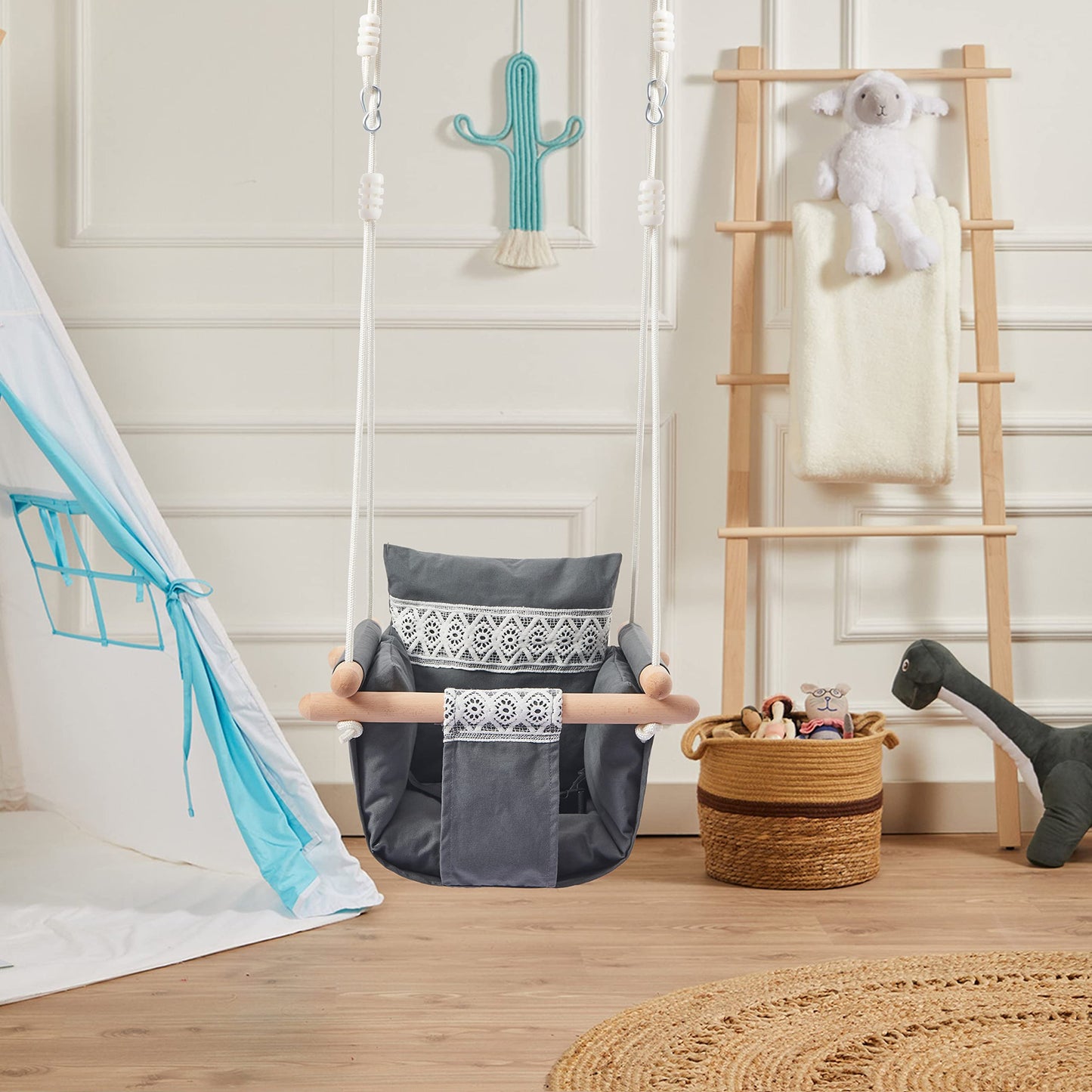 Secure Baby Swing Seat With Safety Belt - Baby Canvas And Wooden Swing Chair With Lace D  Cor Cushion - Hanging Indoor Swing For