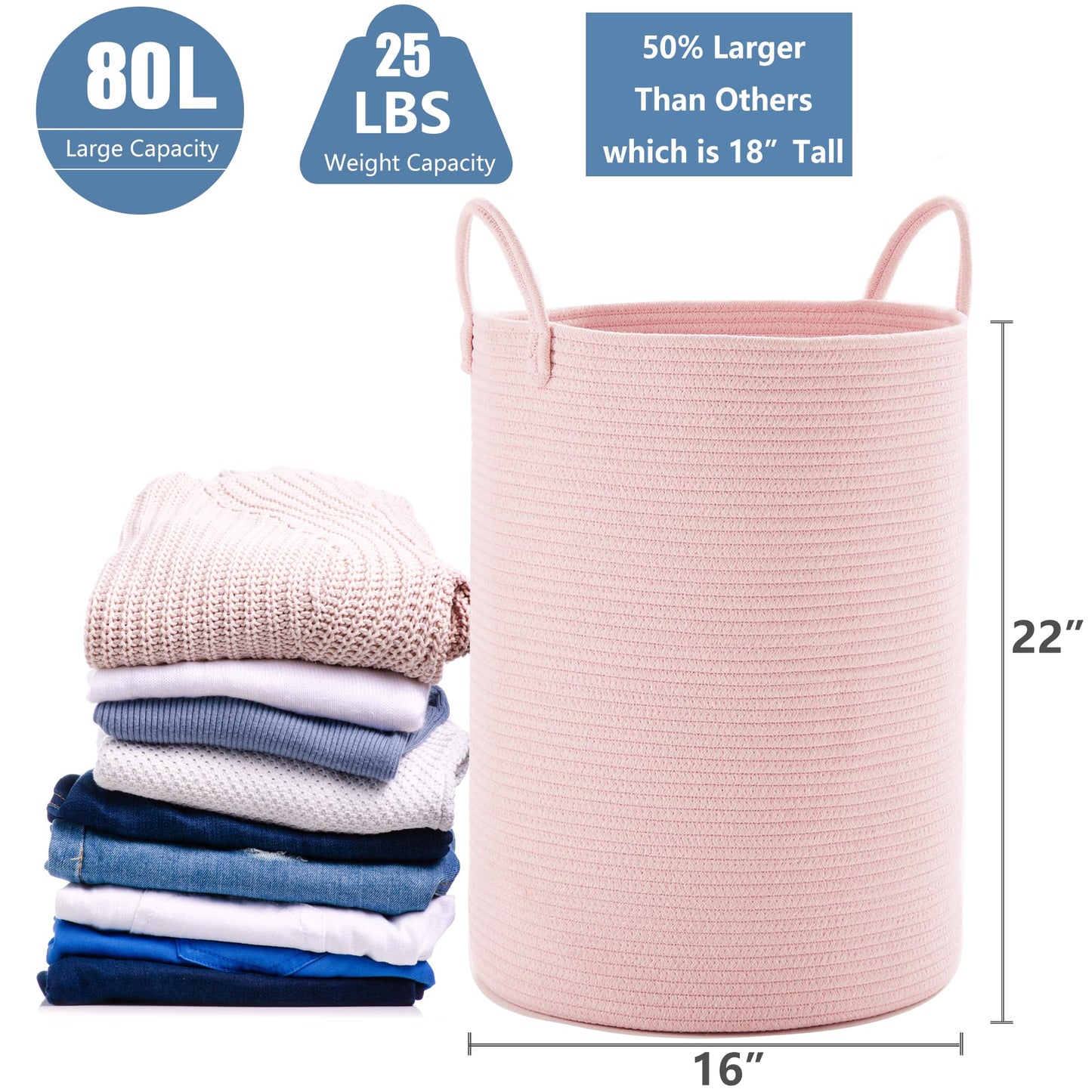 Mojoscend 80L Extra Large Pink Hamper Laundry Basket For Baby Girls Tall Nursery Hamper For Kids Woven Rope Clothes Basket For L