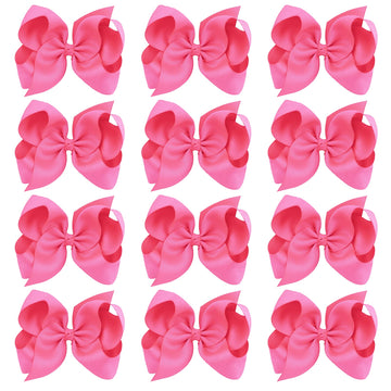 Oaoleer Big Hair Bows For Girls 12 Pcs 6' Hot Pink Grosgrain Ribbon Large Boutique Bow Alligator Clips Hair Accessories For Tod