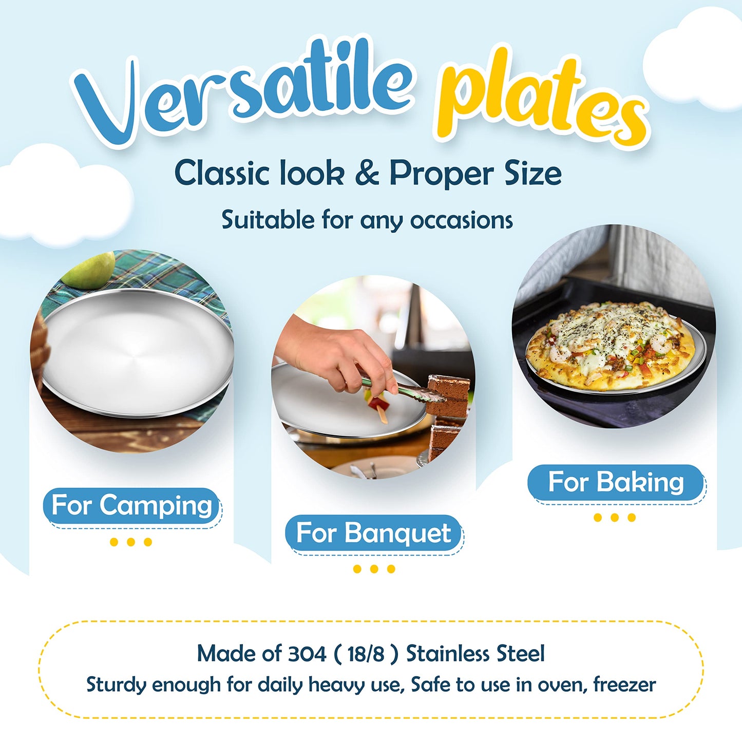 Haware 6-Piece 18/8 Kids Plates, Stainless Steel 304 Dinner Dishes For Toddlers Children, 10 Inches Feeding Serving Camping Meta