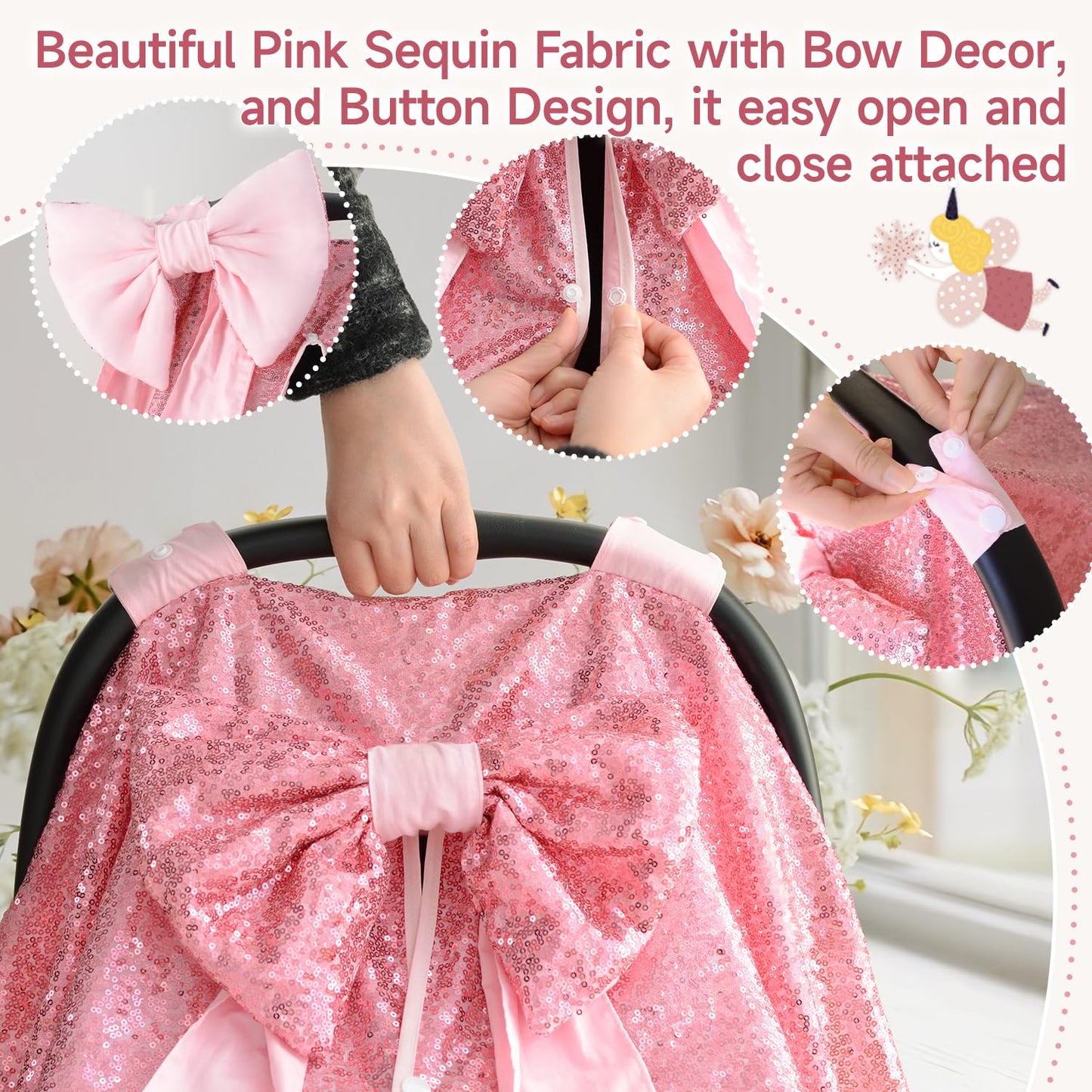 Baby Carseat Canopy Cover with Bow for Girls Boys with Bow Stroller and Cart Cover Carseat Nursing Cover Newborn Gift (Pink)