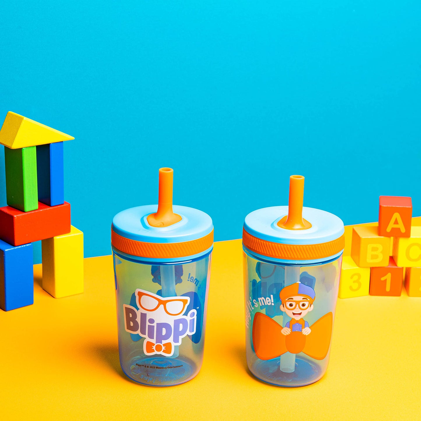Zak Designs Blippi Kelso Toddler Cups For Travel or At Home, 15oz 2-Pack Durable Plastic Sippy Cups With Leak-Proof Design is Pe