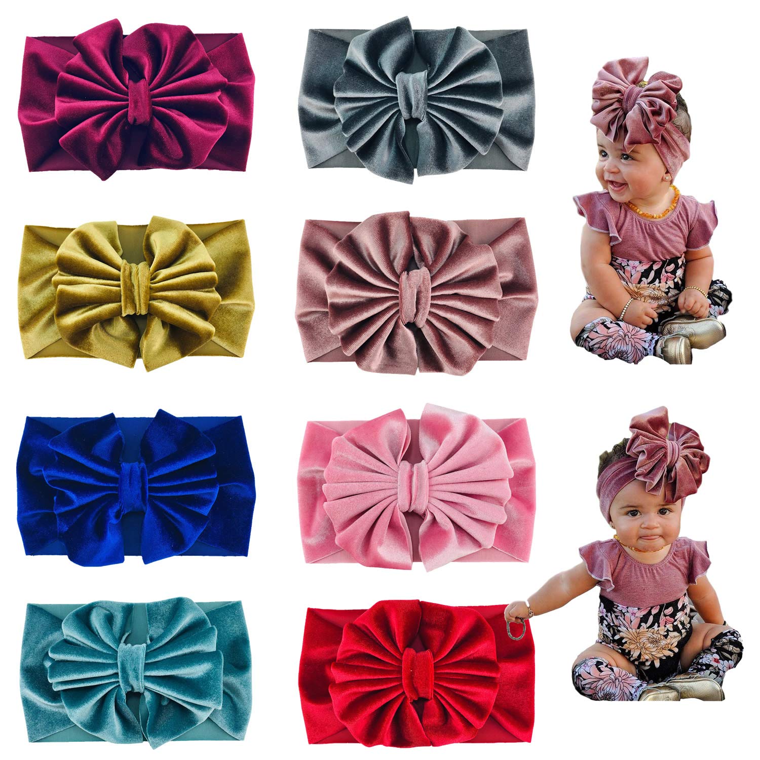 Lawie 8 PACK Elastic Stretchy Elastic Soft Wide Velvet Bowknot Bow Headbands Hairband Knot Turban Headwraps Hair Bows Accessorie