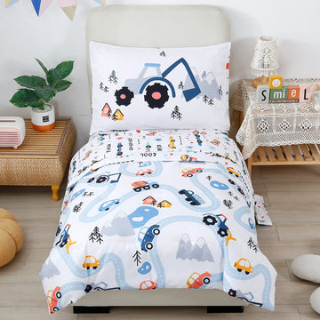 Styho Toddler Bedding Set Cars Print Duvet Cover Set for Boys Junior/Cot Bed Reversible Lovely Colorful Comforter Cover(White, C