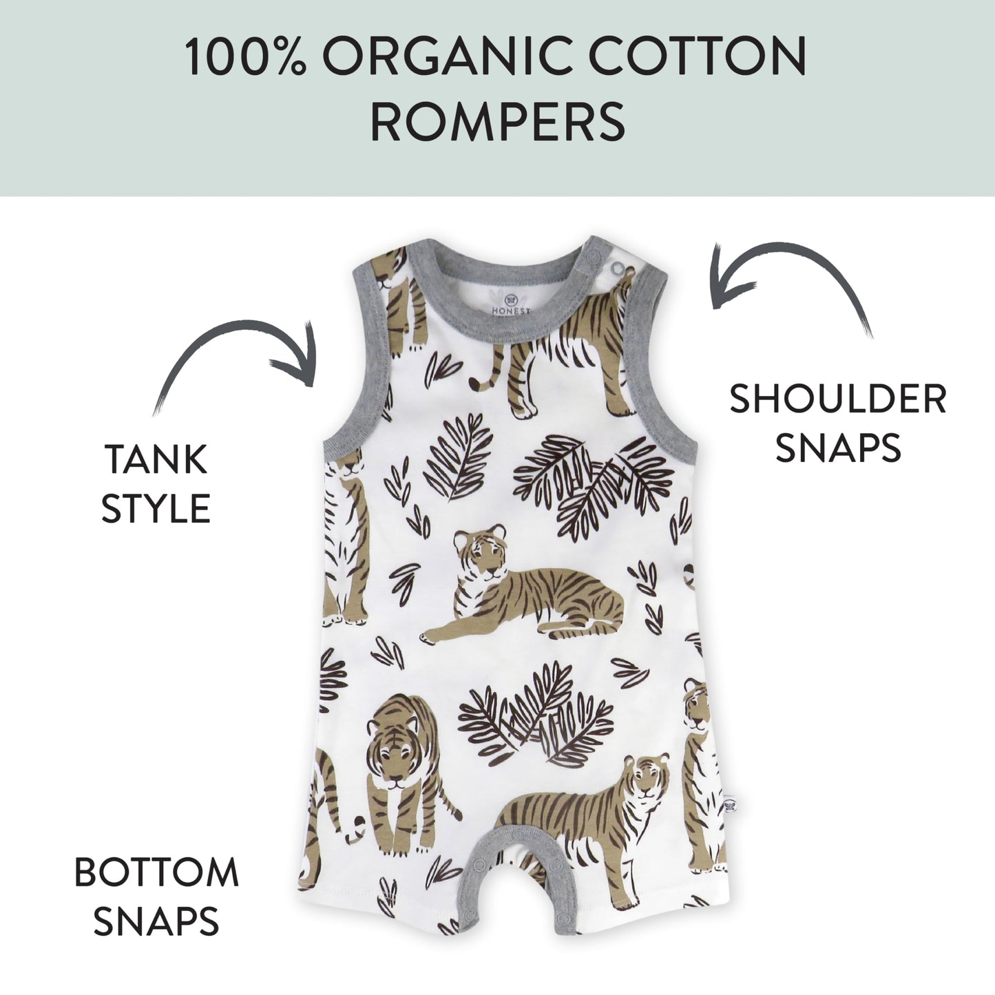 Honestbaby Multipack Short Romper Sets And Dresses 100% Organic Cotton For Infant Baby And Toddler Boys, Girls, Unisex, Tiger Cu