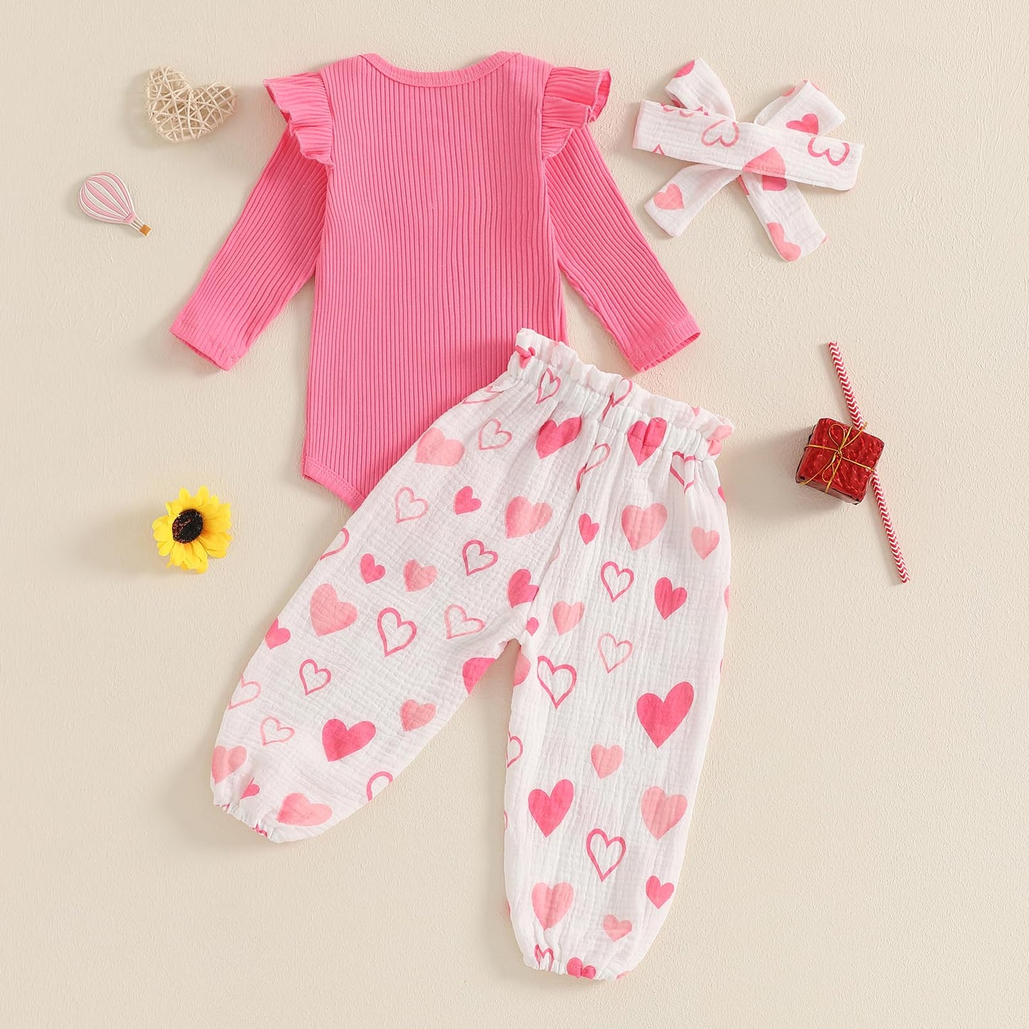 Rtnnsbbfcm Newborn Baby Girl Valentine'S Day Outfit Long Sleeve Ribbed Romper Heart Print Pants Headband 3Pcs Set (Pink, 12-18 M