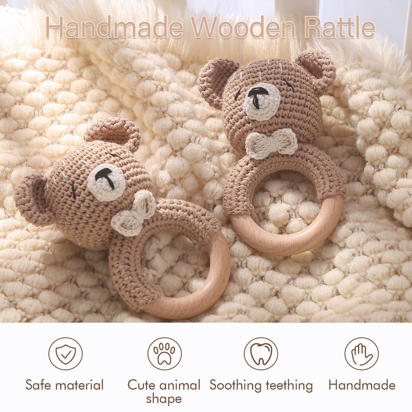 WOODEN TEETHER Baby Rattle, Shaker Toy,Crochet Baby Rattle, Crochet Baby Toys, Organic Wooden Newborn Toys, Newborn Animal Rattl