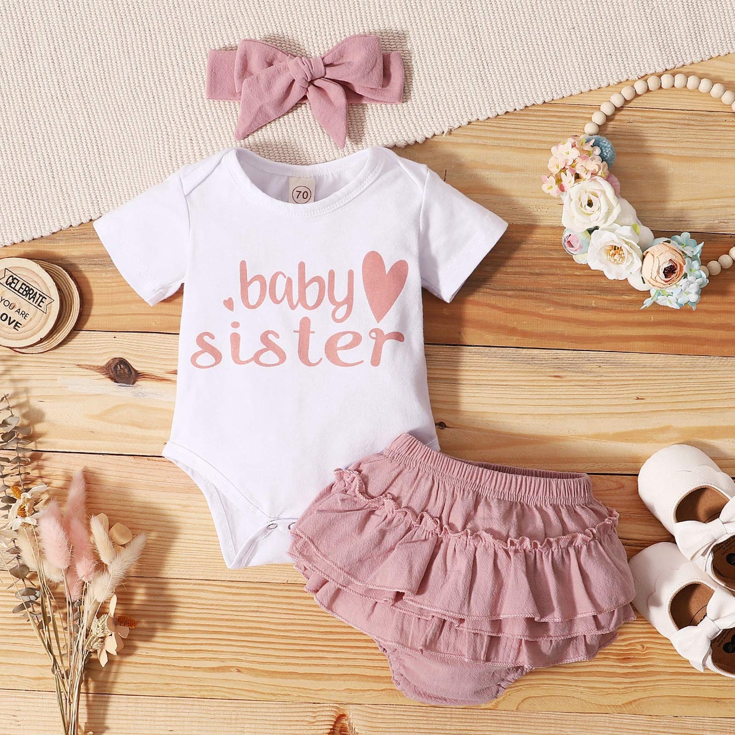 Dimoybabe Baby Girl Clothes Stuff Newborn Infant Summer Cute Outfit Cotton Ruffle Short Sleeve Romper + Solid Printed Pants + He