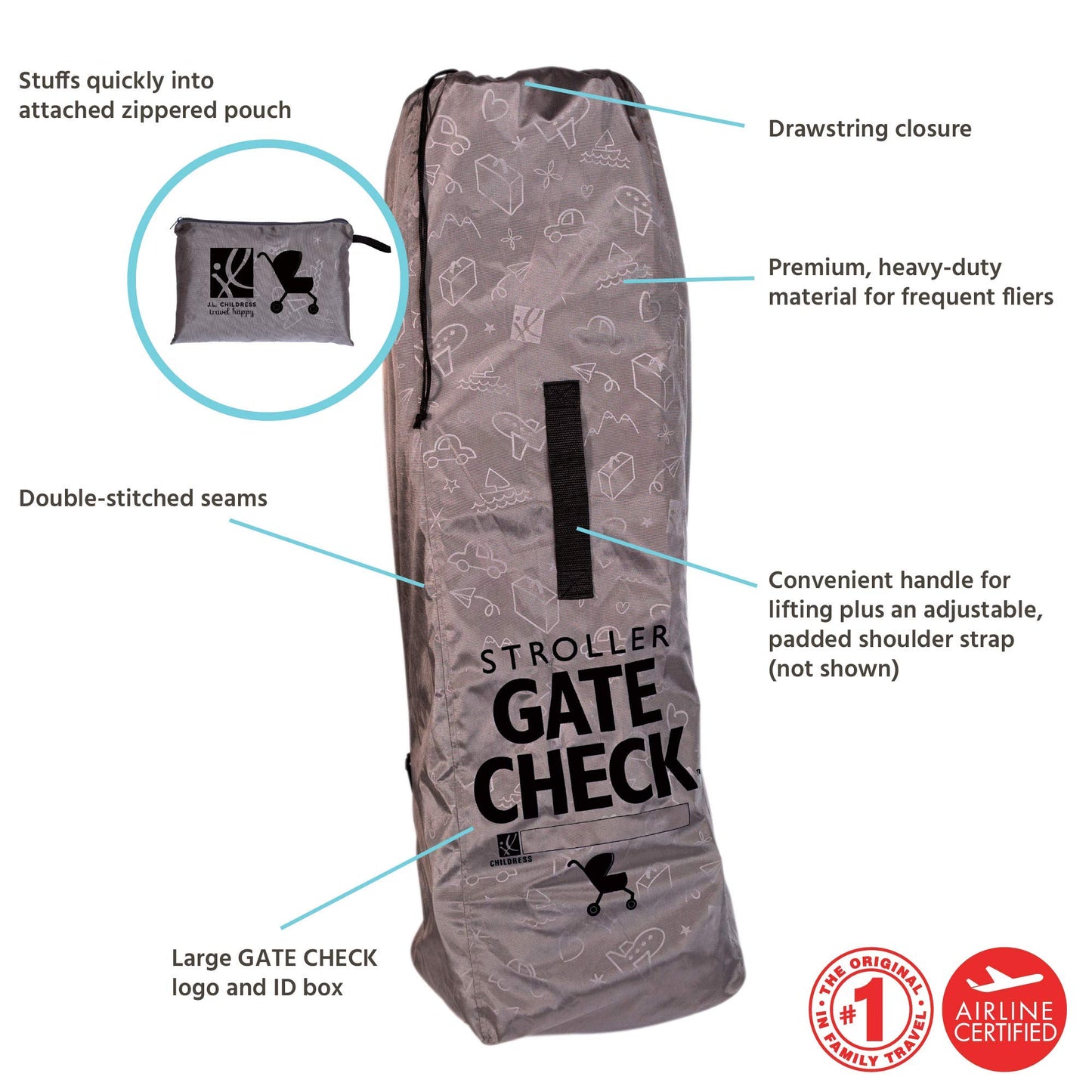 J.L. Childress Deluxe Gate Check Bag For Umbrella Strollers - Premium Heavy-Duty Durable Air Travel Bag, Adjustable Shoulder Str