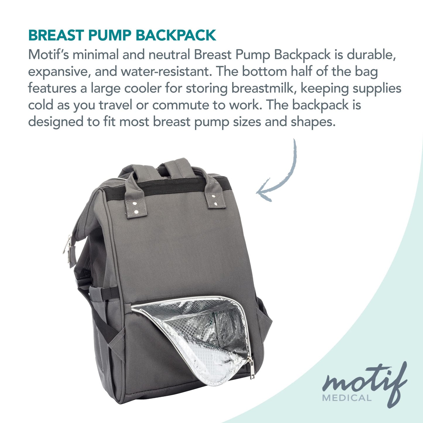 Motif Medical, Maternity Backpack, Insulated Nursing Bag For Breast Pump, Breast Milk, Feeding Bottle - Grey