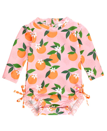 Rufflebutts Baby Girls Upf 50+ Sun Protection Novelty Print Long Sleeve One Piece Rash Guard Swimsuit With Zipper - Orange You T