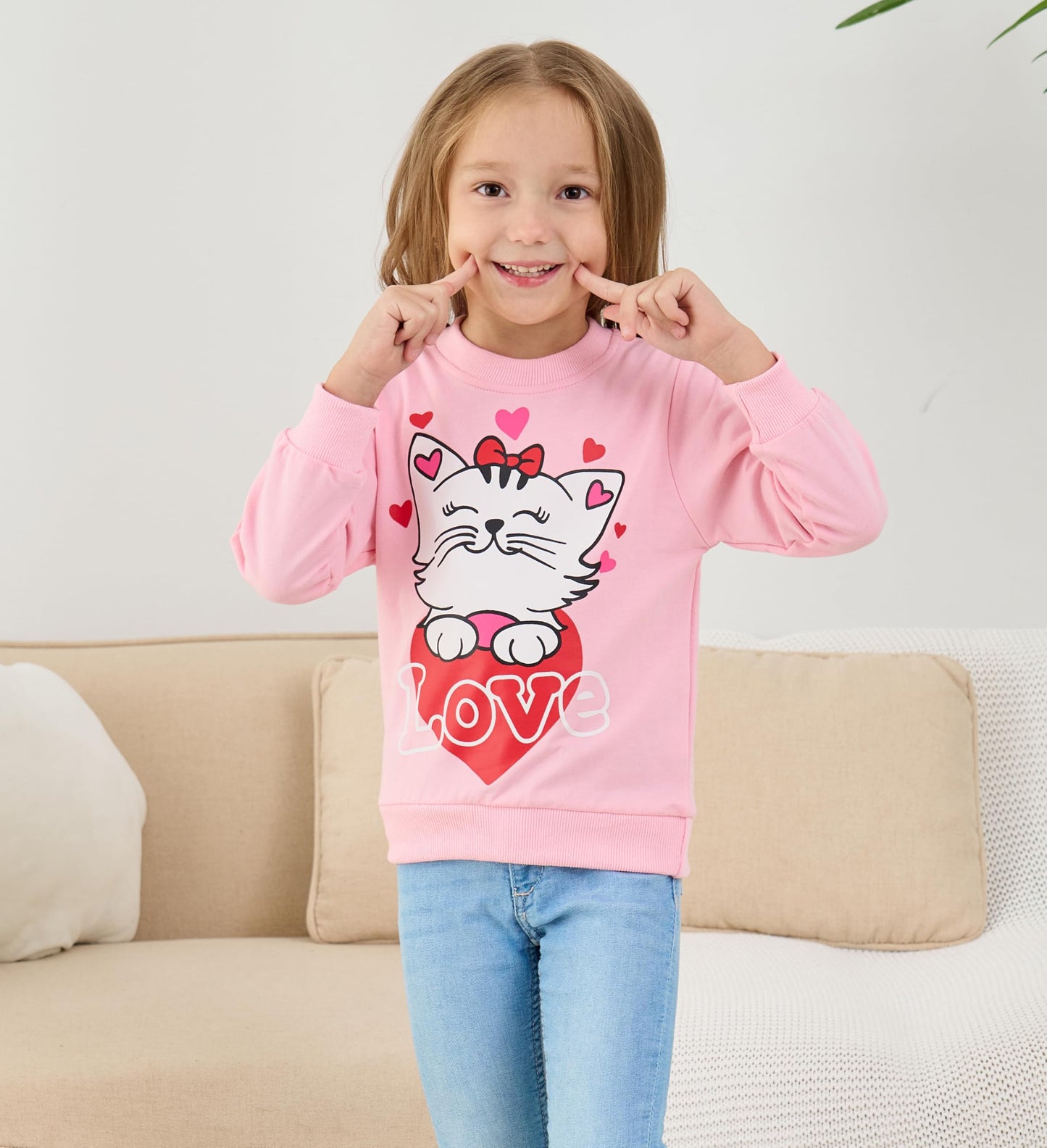 Akyzic Cat Sweatshirt For Girls Long Sleeve Crewneck Heart Print Shirt Toddler Valentines Day Outfit Love Tops Kids Heart Sweate