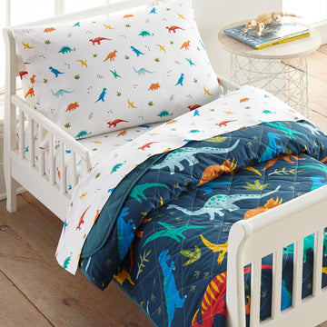 Wildkin 4-Piece Toddler Bed In A Bag - Cotton Comforter, Sheets & Pillowcase For Cozy Cuddles - Jurassic Dinosaurs