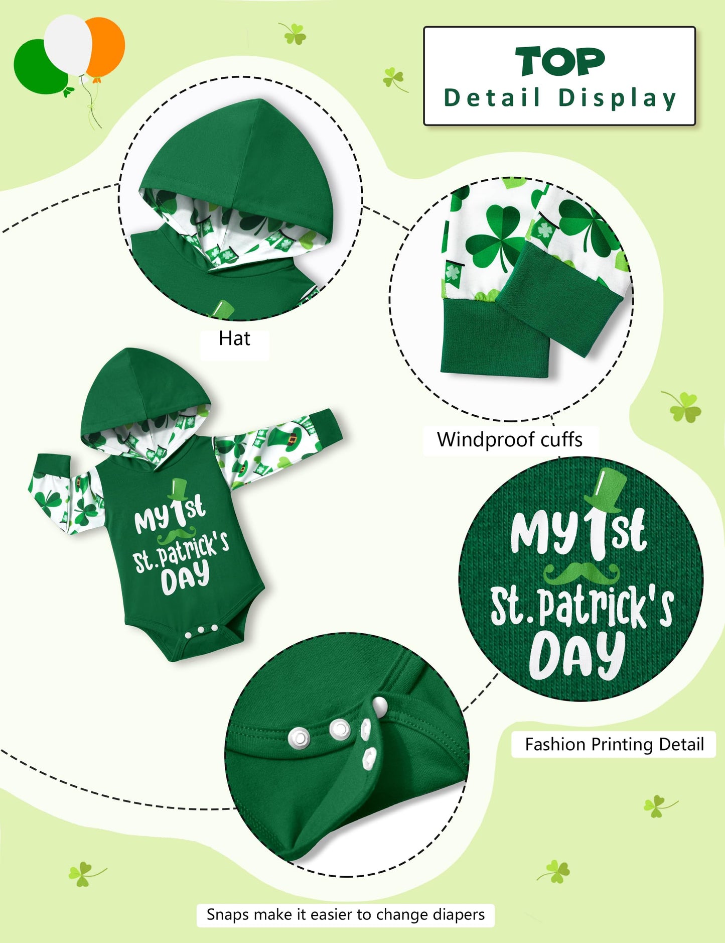 St Patricks Day Baby Boy Outfit 9-12 Months My First St Patricks Day Baby Boy Outfit Hoodie Four-Leaf Clover Sleeves Slacks 2-Pi