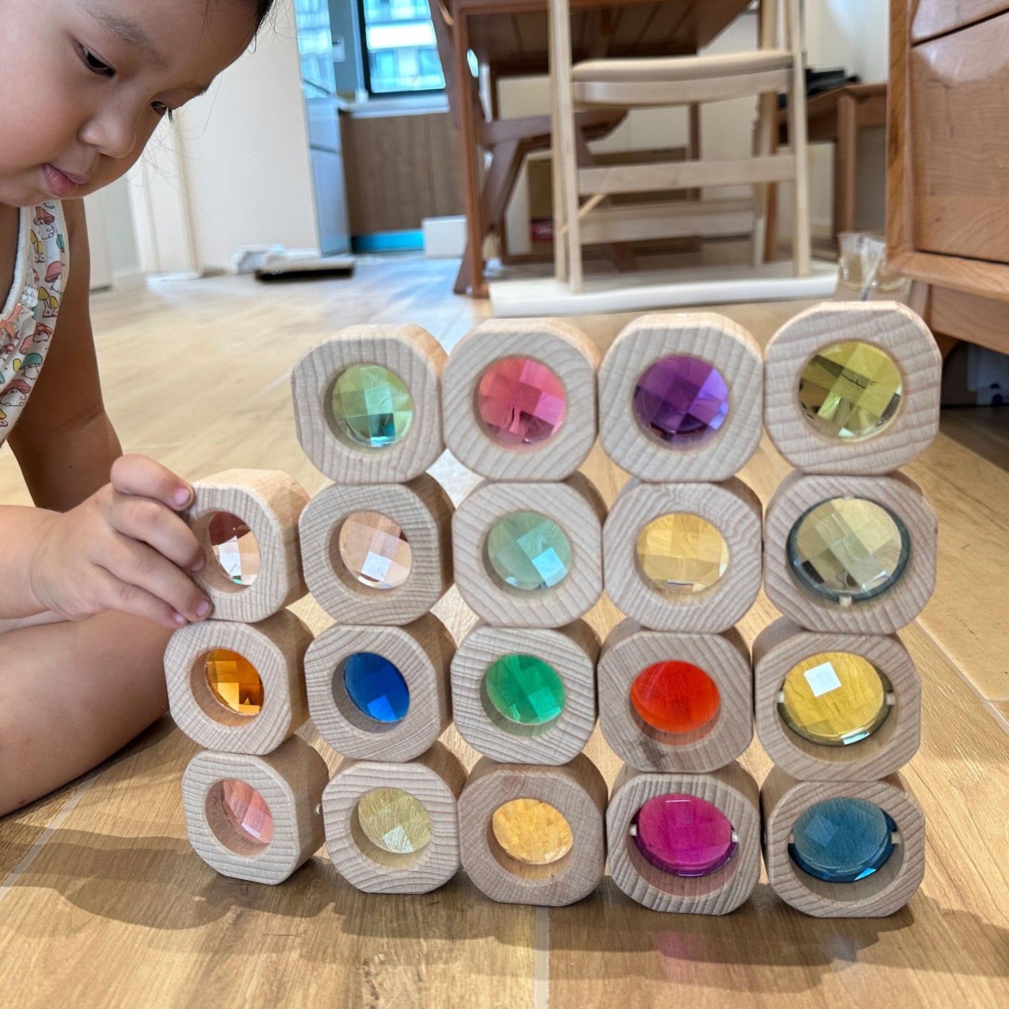 KOAICS 20PCS Wooden Gem Blocks Stacking Toys,Colorful Acrylic Windows Blocks, Rainbow Crystal Acrylic Building Cubes Educational