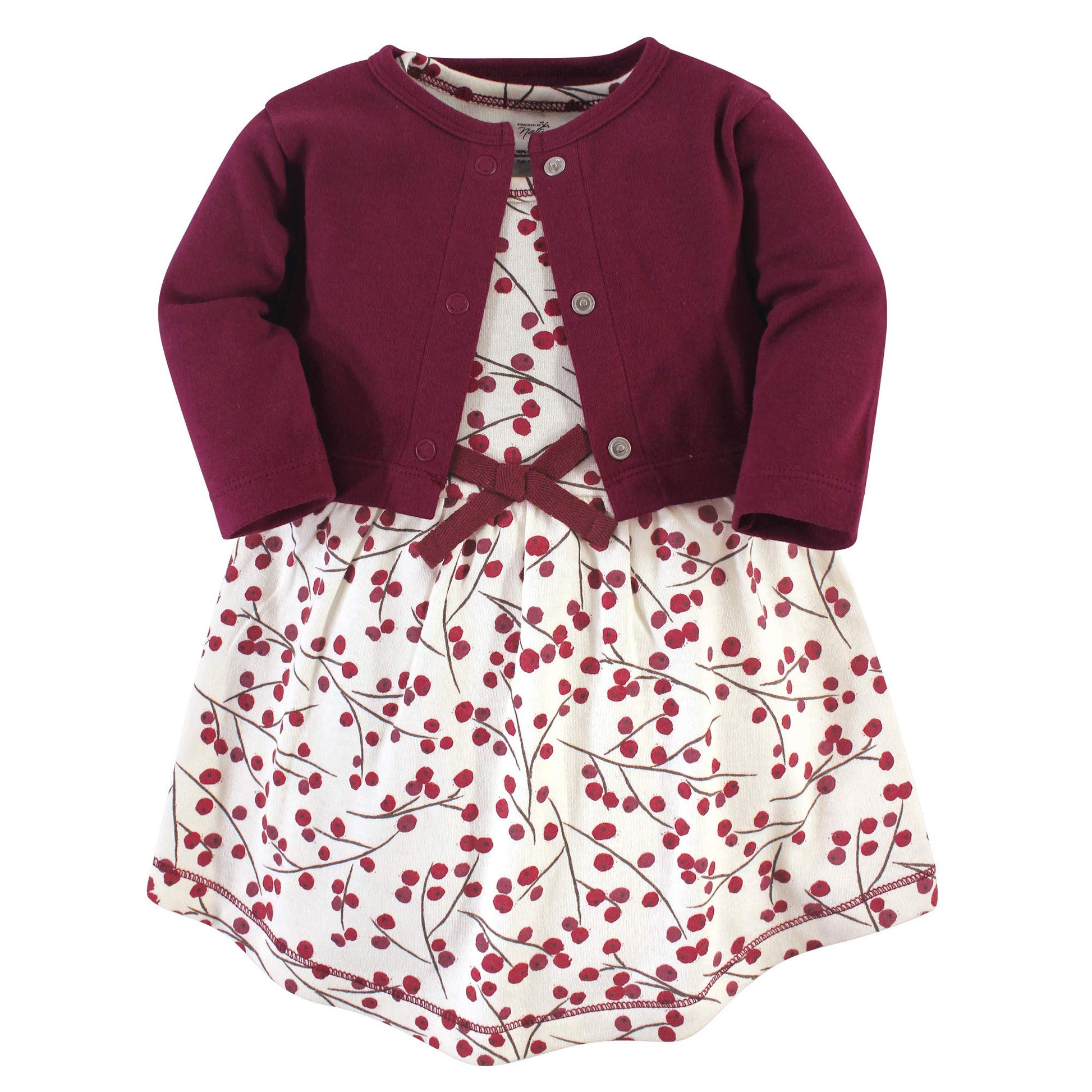 Touched By Nature Baby Girls' Organic Cotton Dress And Cardigan, Berry Branch, 18-24 Months