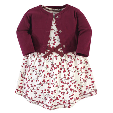 Touched By Nature Baby Girls' Organic Cotton Dress And Cardigan, Berry Branch, 18-24 Months