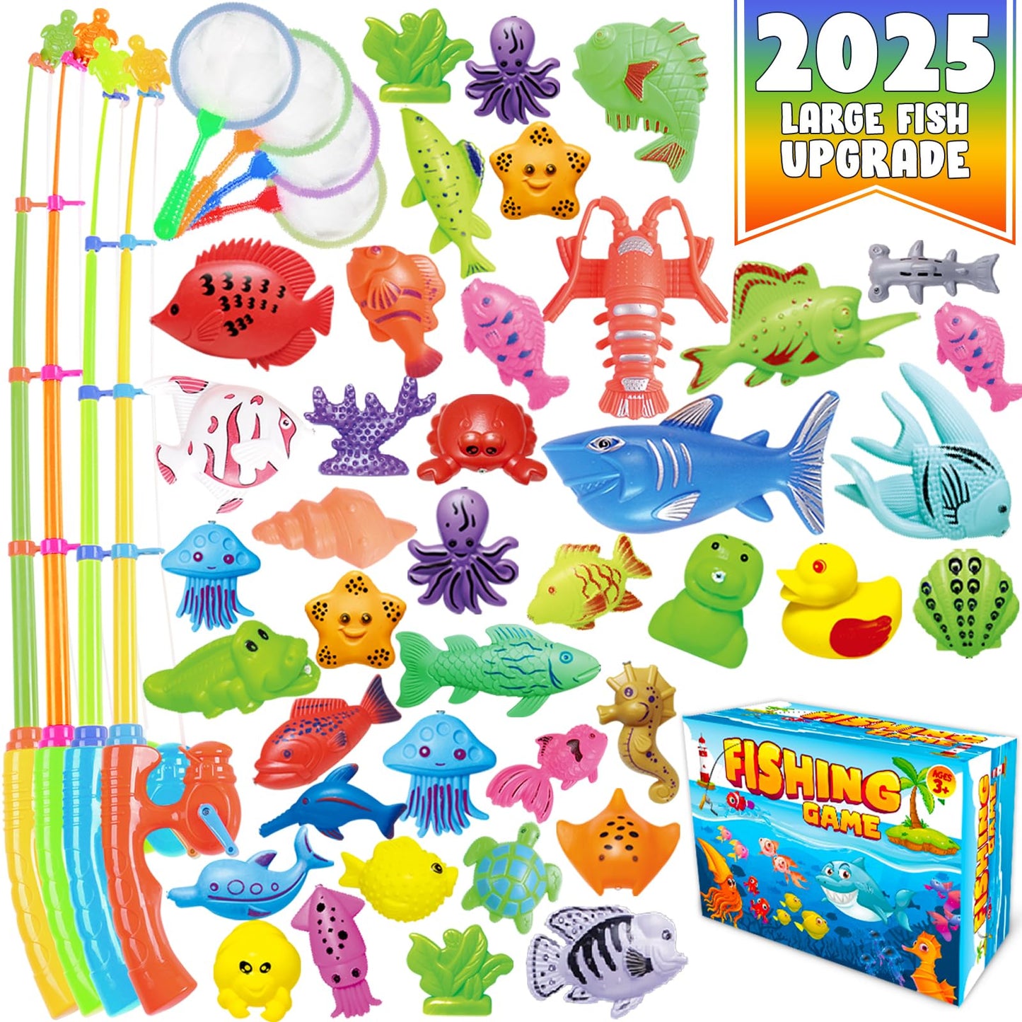 CozyBomB Magnetic Fishing Toys Game Set for Kids | Water Table Bathtub Kiddie Pool Party & Pole Rod Net, Plastic Floating Fish T