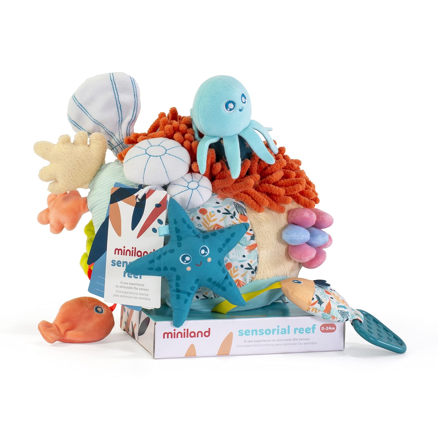 Miniland Sensorial Reef. Plush Rattle Toy for Infant and Toddlers with Many Different Sensory Stimulations. Fully Washable for B