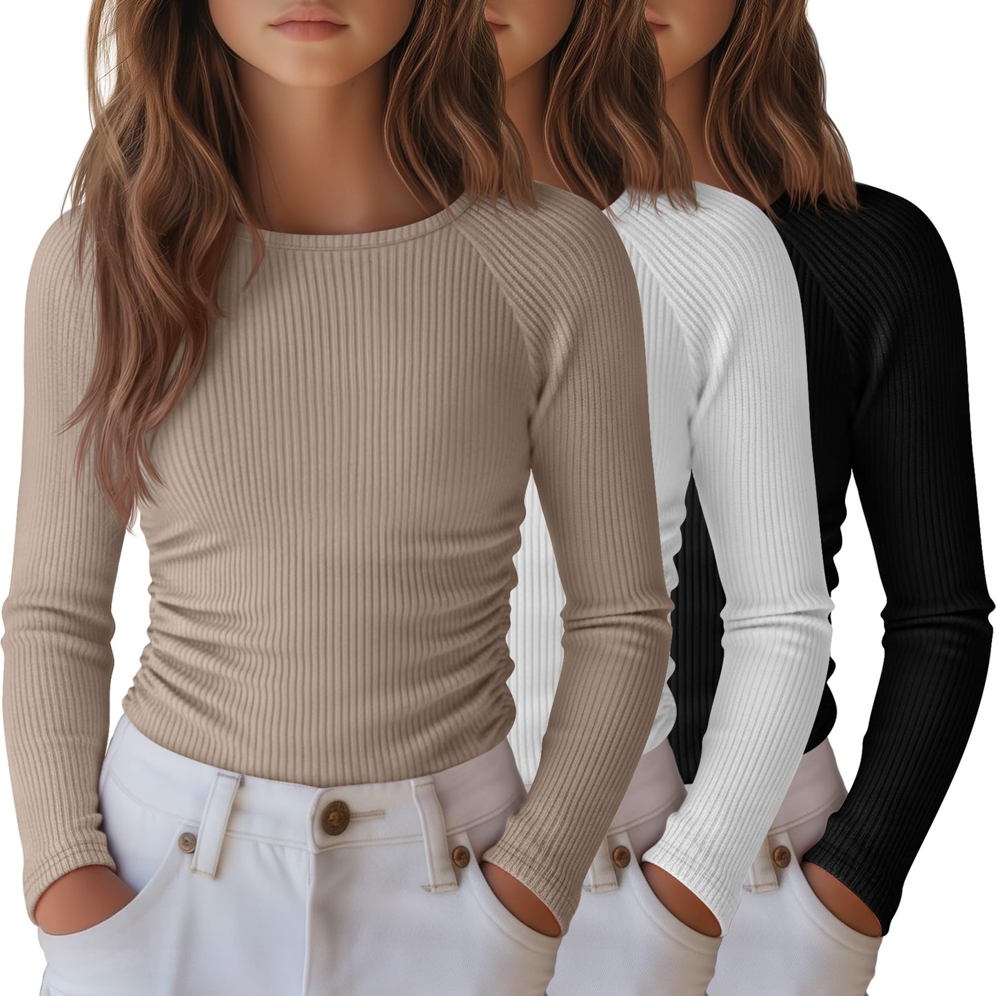 LessonZoo 3 Pack Girls Long Sleeve Shirts Ribbed Knit Draw Pleats Tops Slim Fit Crew Neck Cotton Undershirts Cute Sizes 5-14(Bla