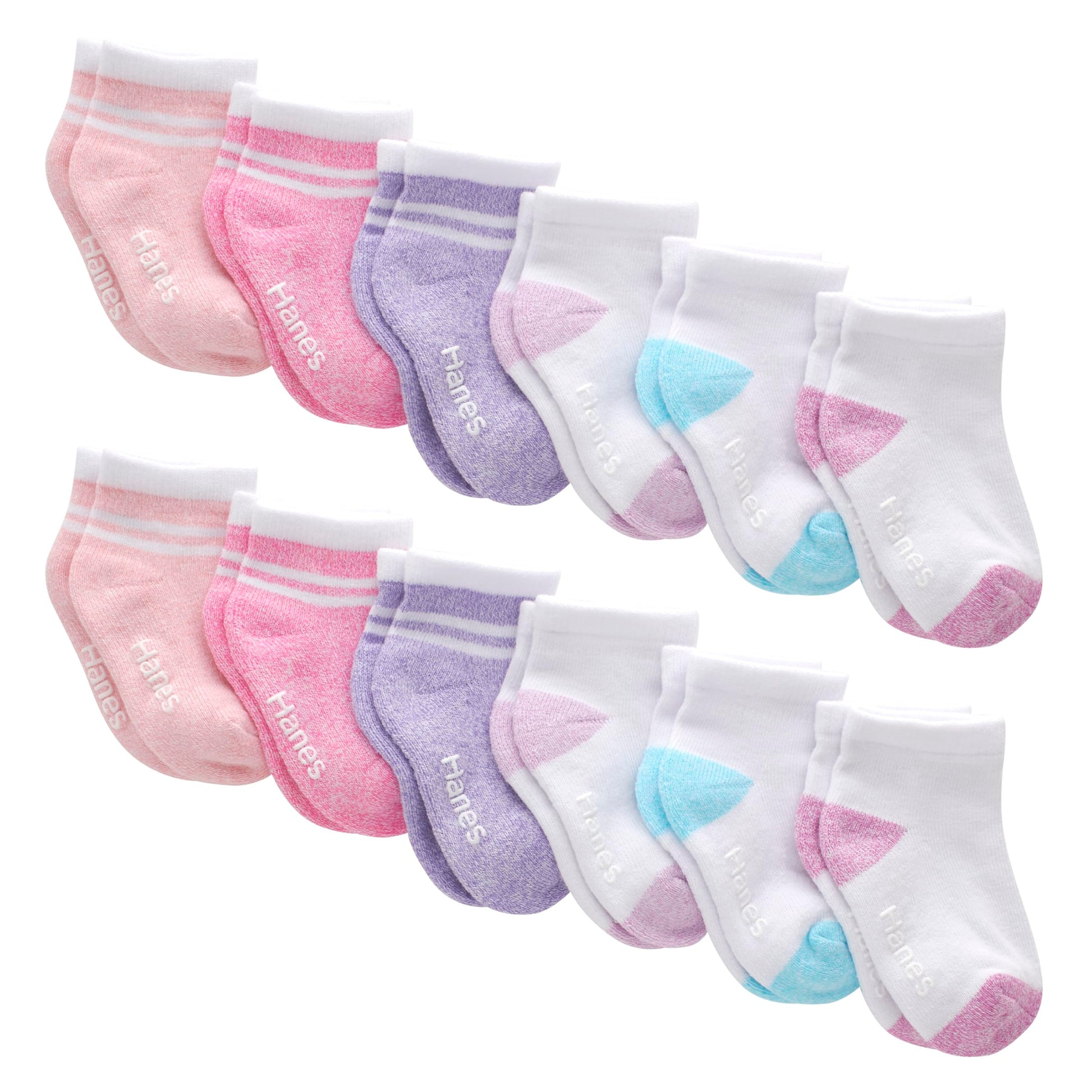 Hanes Baby and Toddler, Non-Slip Grip Ankle Socks, Boys and Girls, Multipacks, White/Pink/Heather Pink/Purple-12 Pack, 12-24 M