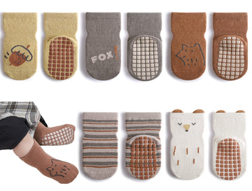 Exegawe Toddler No Slip Socks, Cute Baby Socks With Grips Crew Socks 5 Pairs(H,S/6-12 Months)