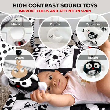 Quokka Padded Baby Mat For Floor Tummy Time - Super Soft Black&White Play Mat For Kids Toddlers & Infants - 6 Toys | Thick Pad |
