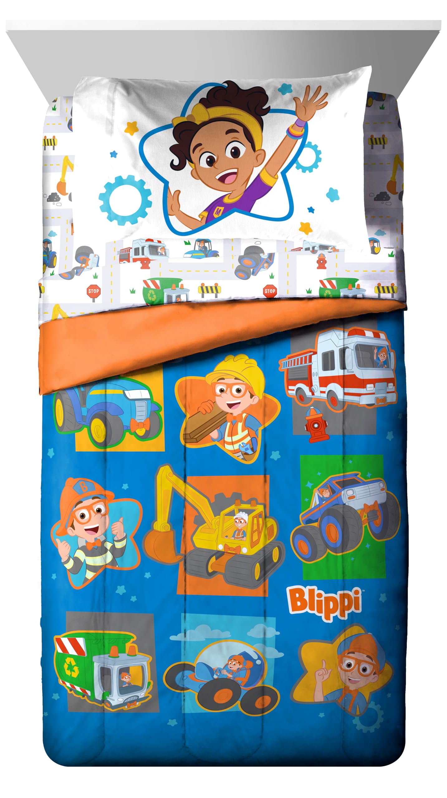 Jay Franco Blippi & Meekah Trucks Toddler Comforter Set - 4 Piece Blue Bedding Sheet Set & Pillow Cover - Super Soft Microfiber