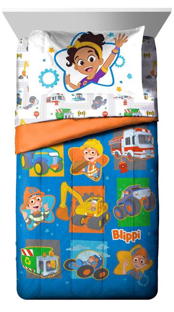 Jay Franco Blippi & Meekah Trucks Toddler Comforter Set - 4 Piece Blue Bedding Sheet Set & Pillow Cover - Super Soft Microfiber