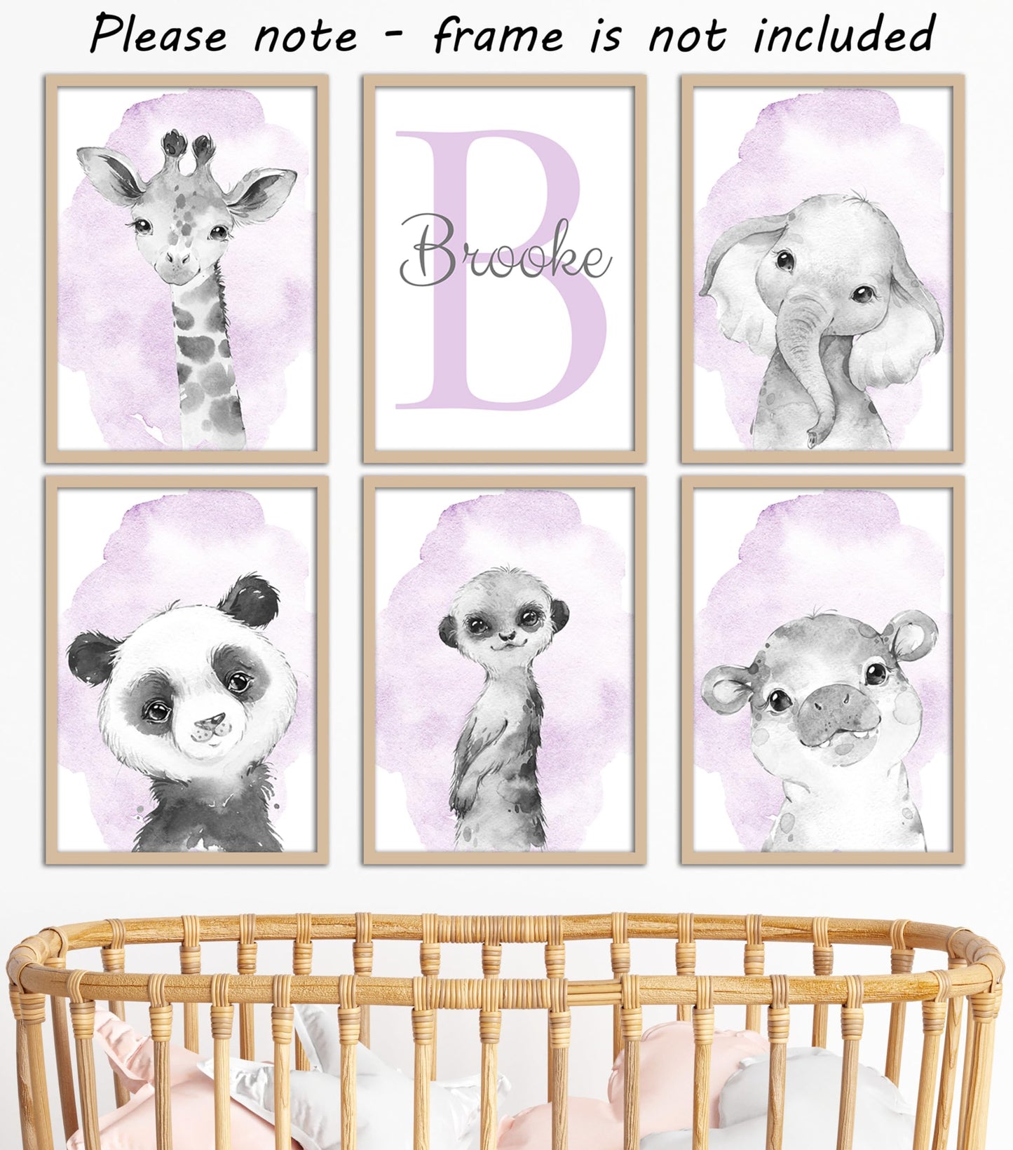 Safari Animals Set Of 6 Unframed Poster Prints For Baby Girls Nursery Bedroom Playroom, Personalized Name, Choice Of 12 Animals,