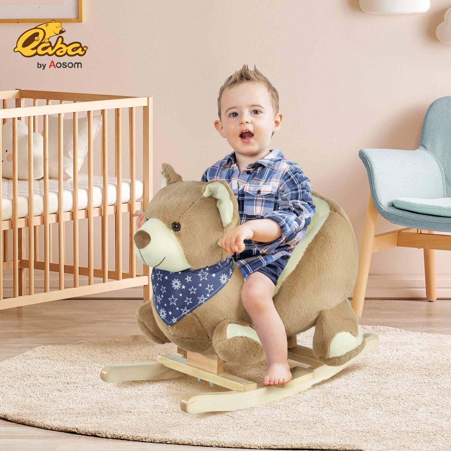 Qaba Baby Rocking Horse with Lullaby, Riding Horse, Bear Themed Plush Animal Rocker with Pedals for Ages 18-36 Months