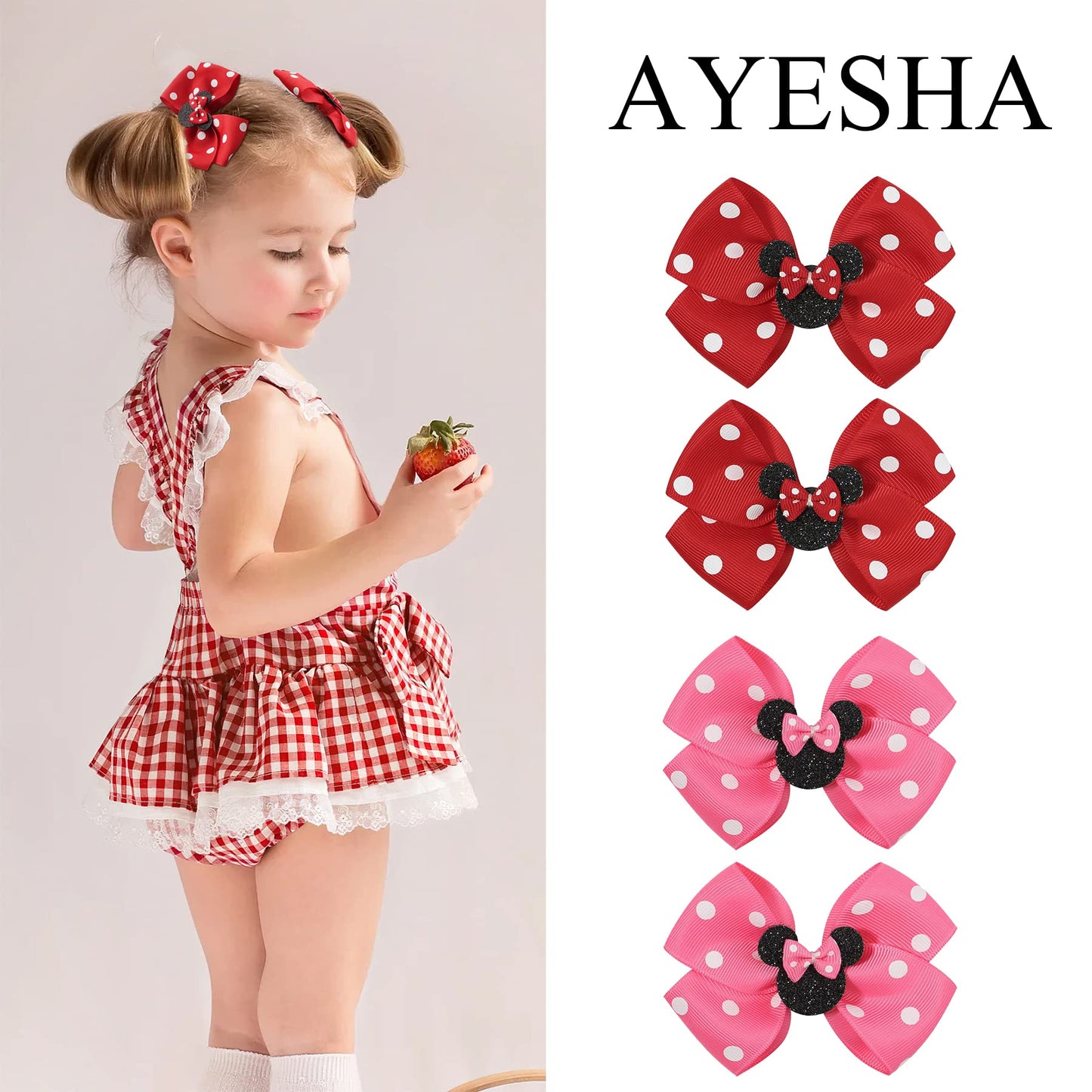 Ayesha Mouse Ears Hair Clips, 4Pcs Grosgrain Ribbon Mouse Bow Hair Clips, Polka Dot Bows For Girls, Hair Accessories For Baby Gi
