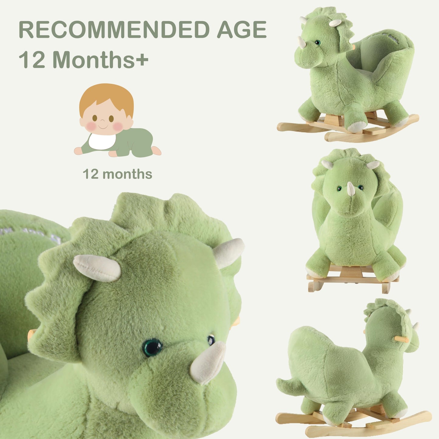 Rock My Baby Rocking Horse Green Dinosaur with Chair, Plush Stuffed Animal Rocker, Baby Rocker with Sweet Music, Wooden Rocking