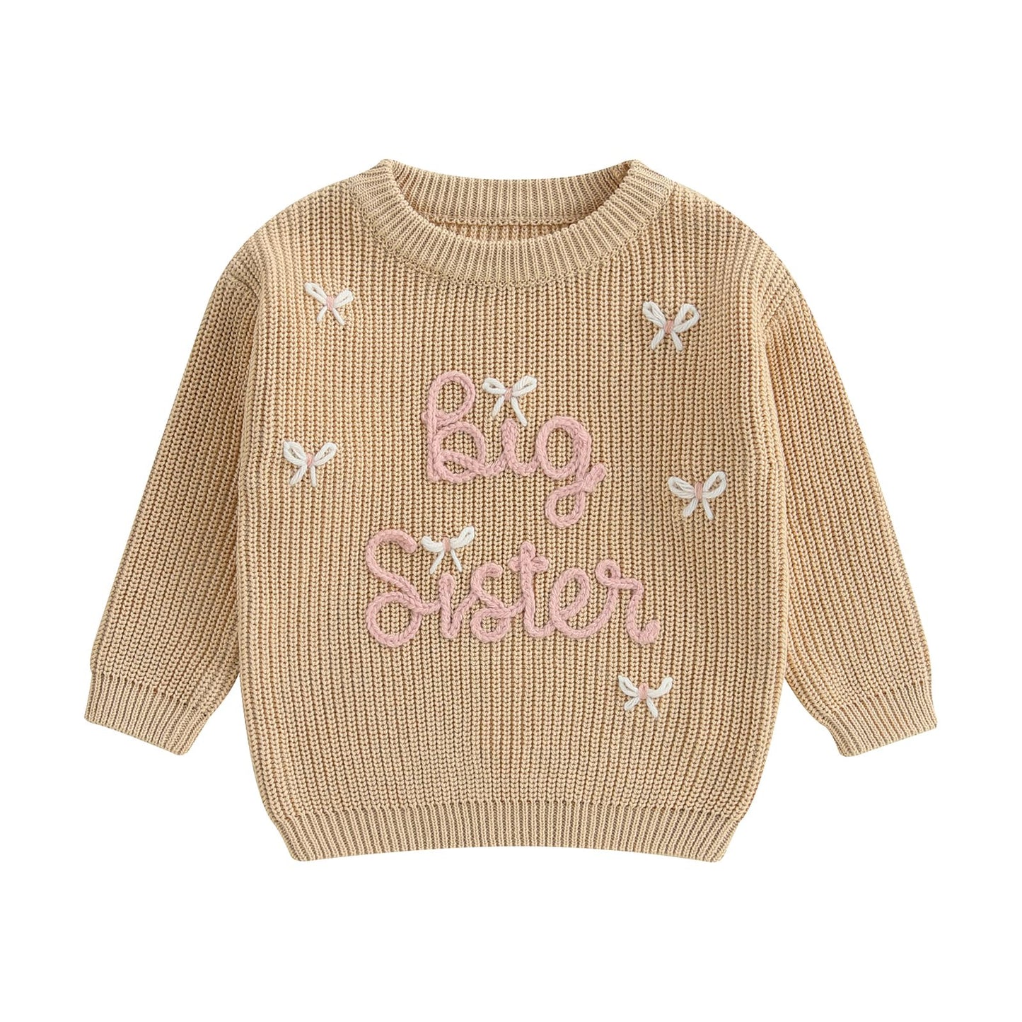 Amnnchya Toddler Infant Baby Girl Knit Sweater Big Sister Little Sister Matching Outfits Long Sleeve Pullover Sweatshirt (Khaki