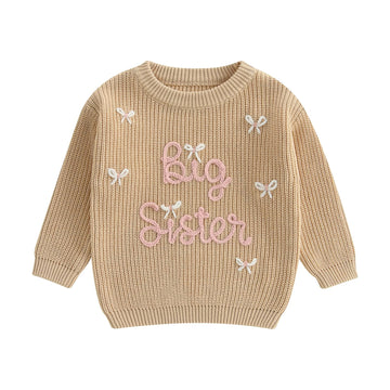 Amnnchya Toddler Infant Baby Girl Knit Sweater Big Sister Little Sister Matching Outfits Long Sleeve Pullover Sweatshirt (Khaki