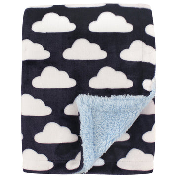 Hudson Baby Unisex Baby Plush Mink And Sherpa Blanket, Navy Clouds, One Size