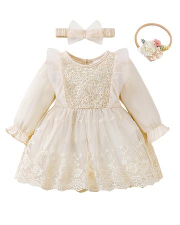Renotemy Baby Dress Fall Winter Infant Girl Clothes Baptism Dresses Ruffle Long Sleeve Tutu Christening Lace Dresses Flower Apri