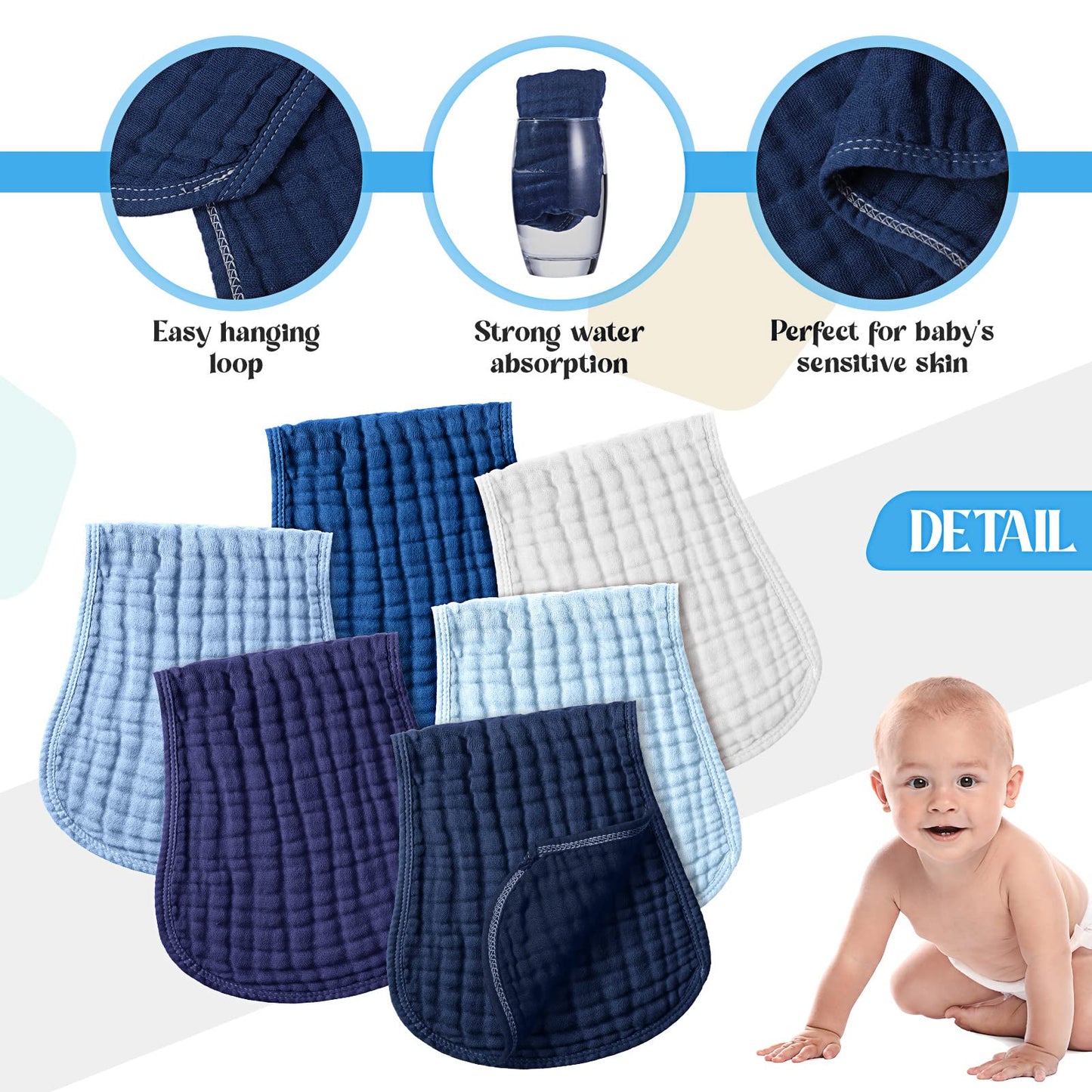 Frienda 6 Pack Muslin Burp Cloths Cotton Large 20x 9 Extra Absorbent and Soft Baby Burping Cloth for Baby Boy Girl Unisex(Bl