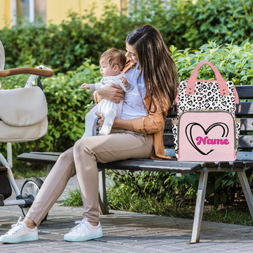 Customized School Bag With Name, Large Capacity Waterproof Diaper Bag, Leopard Heart Print Monogram Nappy Backpack With Thermal