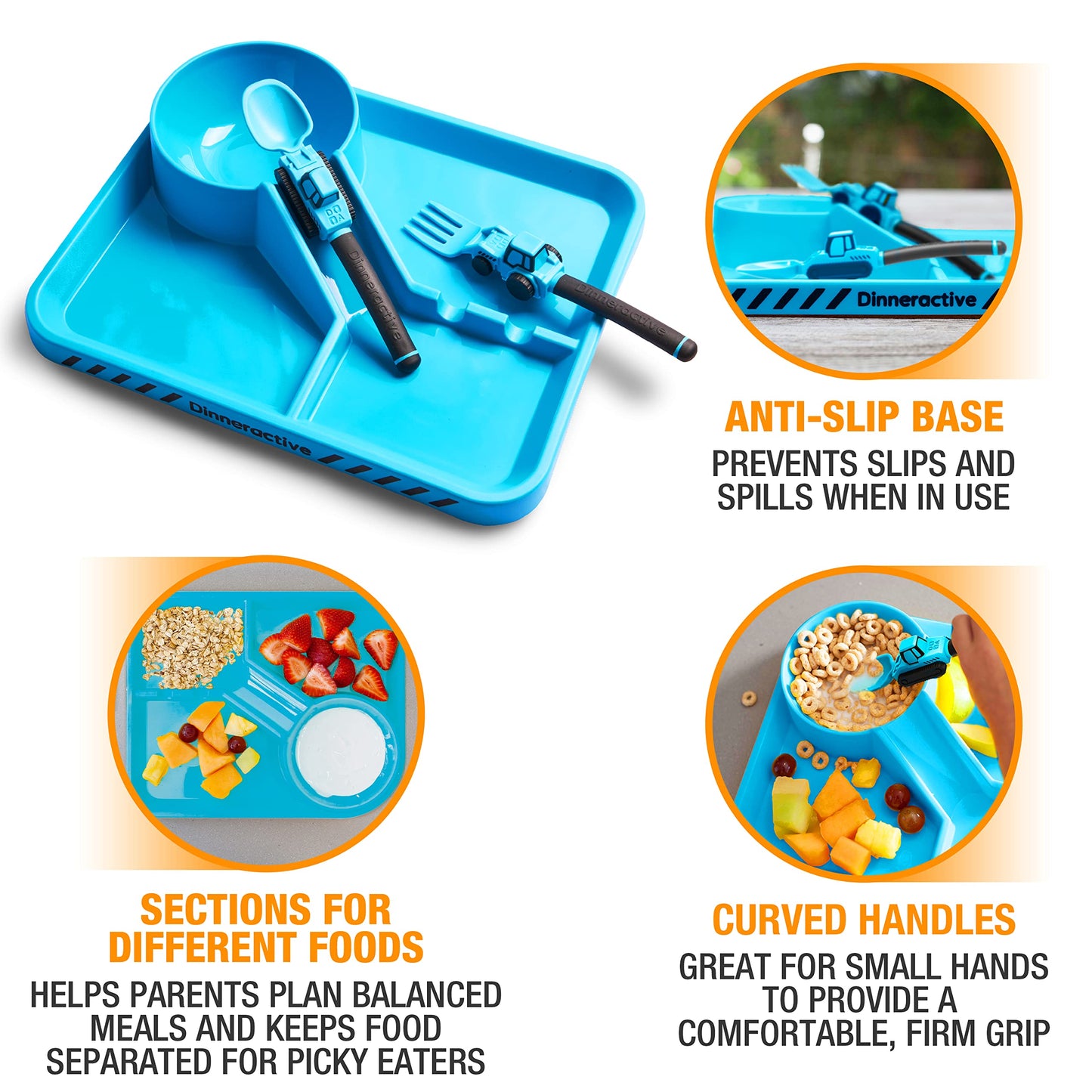 Dinneractive Dining Set For Kids - 3 Piece Construction Themed Toddler Utensils & Toddler Plates - Toddler Forks And Spoons - Ki