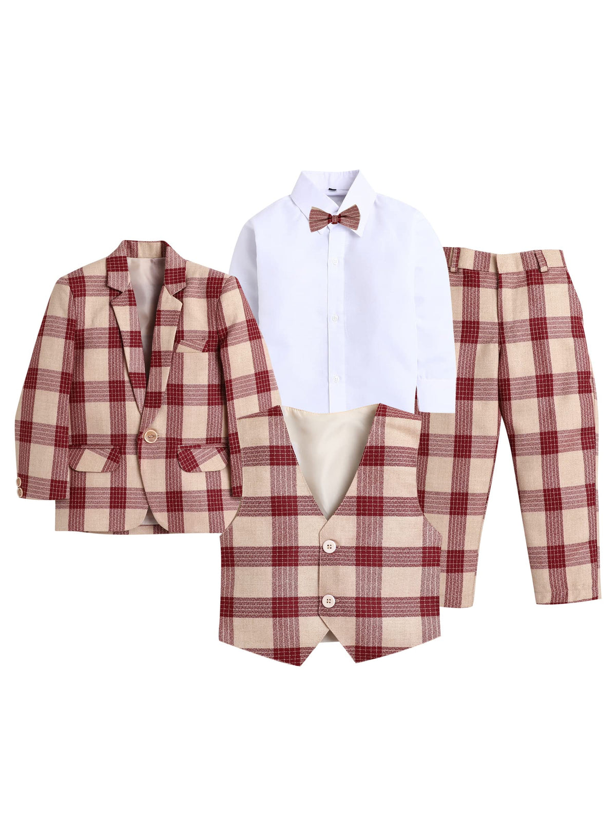 Jeetethnics Boys Beige Checked Coat Suit Set With Waistcoat Shirt And Trousers (9078Ah)