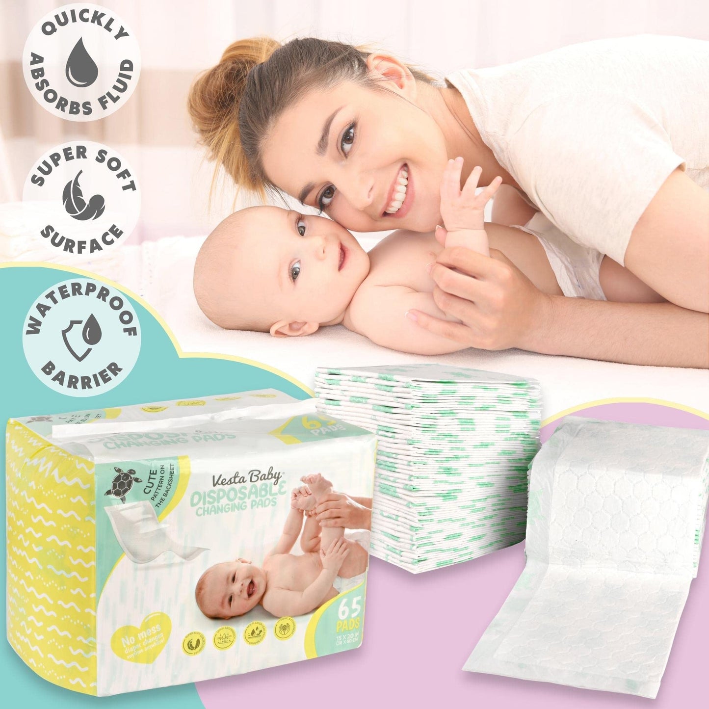 Vesta Baby Disposable Changing Pads (65 Pack) - Soft Absorbent Leak Proof Pee Mats - White Portable Diaper Change Underpads For